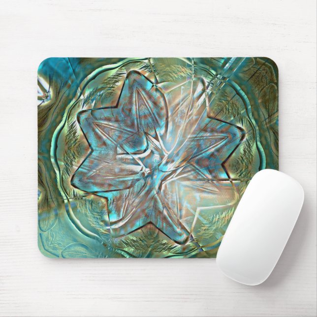 Shiny green & blue flower on pixel drizzle texture mouse mat (With Mouse)