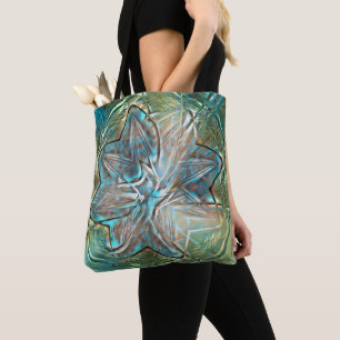 Shiny green & blue flower on pixel drizzle texture tote bag