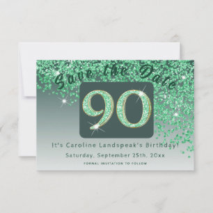 Shiny Green Glitter for 90th Birthday  Save The Date