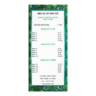 Shiny Green Peacock Feathers Price List Rack Card