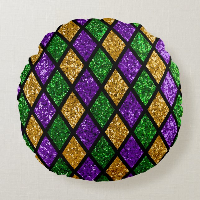 Shiny green, purple and golden glittering paillett round cushion (Front)