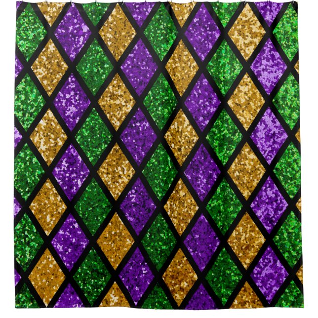 Shiny green, purple and golden glittering paillett shower curtain (Front)
