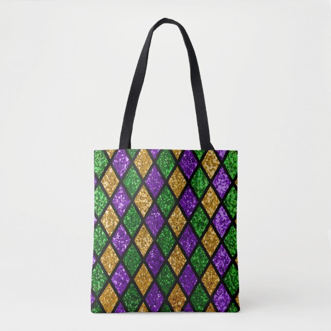 Shiny green, purple and golden glittering paillett tote bag (Front)