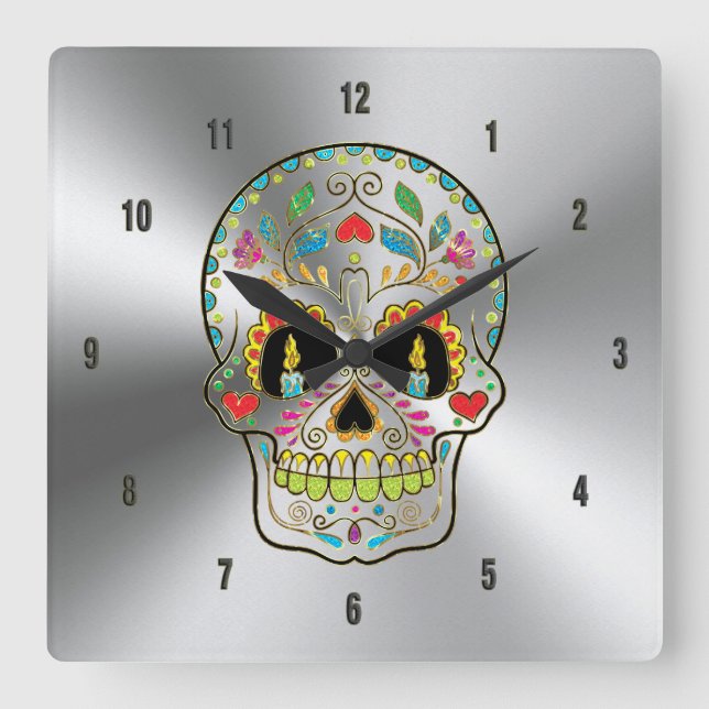 Shiny Grey Stainless Steel & Colourful Floral Square Wall Clock (Front)