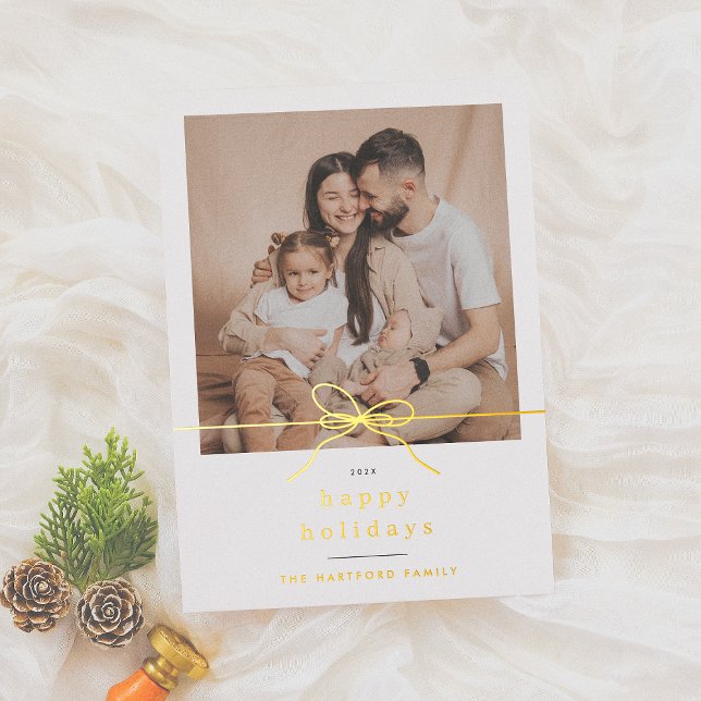 Shiny Happy Holidays Minimal Bow Christmas Photo Foil Holiday Card (Creator Uploaded)