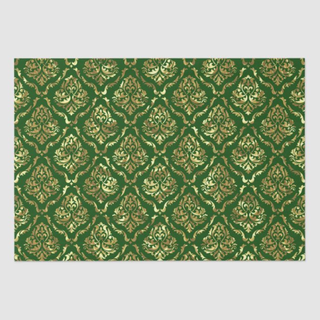 Shiny Looking Gold Floral Damask On Green Tissue Paper (Front)