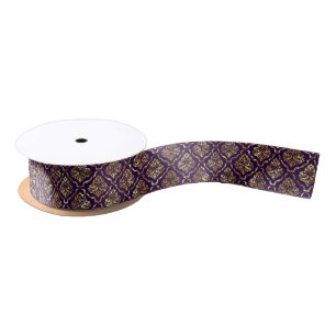 Shiny Looking Gold Floral Damask On Purple Satin Ribbon
