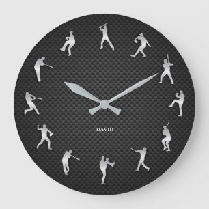 Shiny Metal Silver Baseball Player Monogram Large Clock