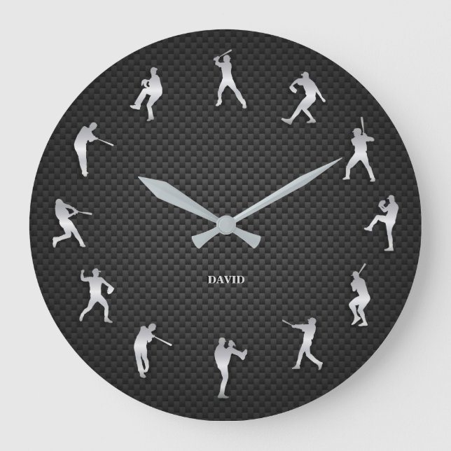 Shiny Metal Silver Baseball Player Monogram Large Clock (Front)