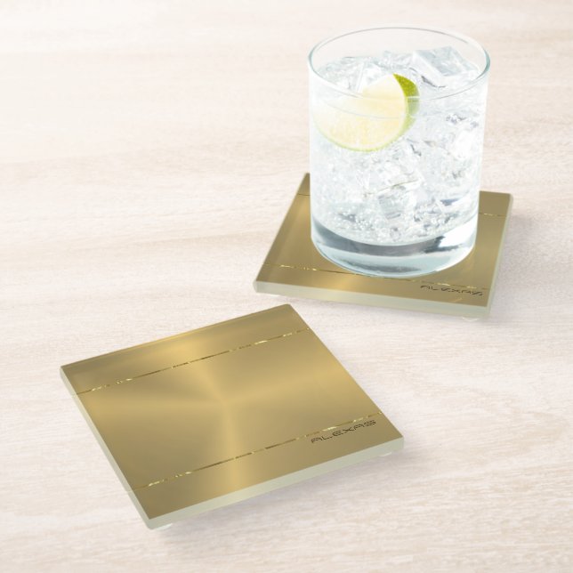 Shiny metallic faux gold background glass coaster (Angled)