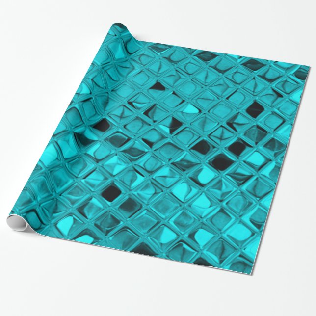 Shiny Metallic Girly Teal Diamond Faux Serpentine Wrapping Paper (Unrolled)