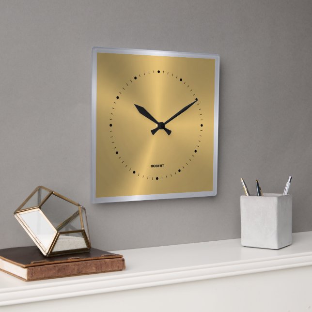 Shiny Metallic Gold Silve Accent Square Wall Clock (Office)