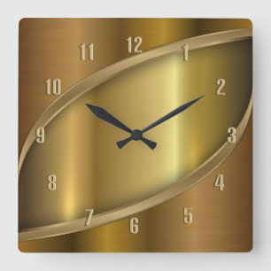 Shiny Metallic Golden Geometric Elegant Design Square Wall Clock