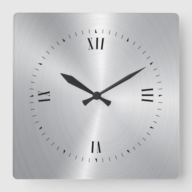 Shiny Metallic Gray-Stainless Steel Look Square Wall Clock (Front)