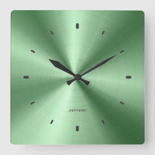 Shiny Metallic Green Design-Stainless Steel Look Square Wall Clock