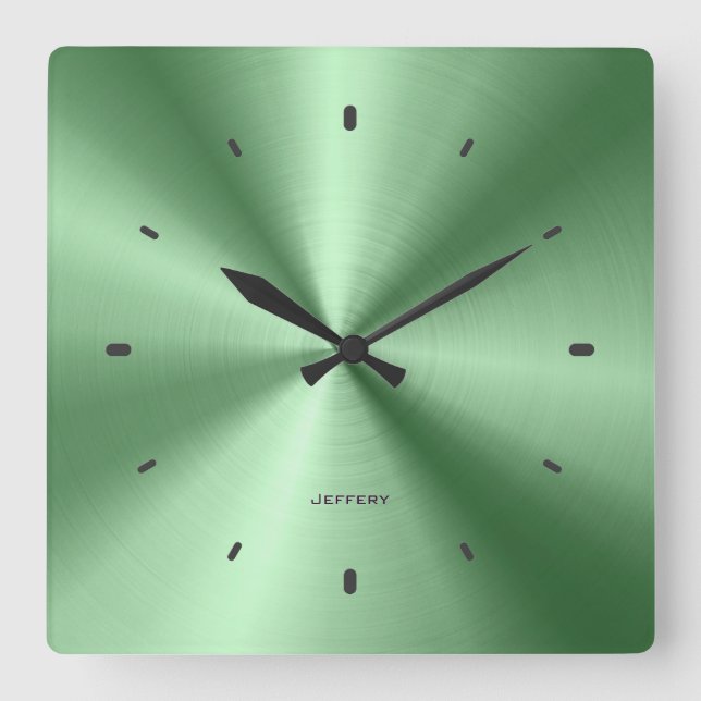 Shiny Metallic Green Design-Stainless Steel Look Square Wall Clock (Front)