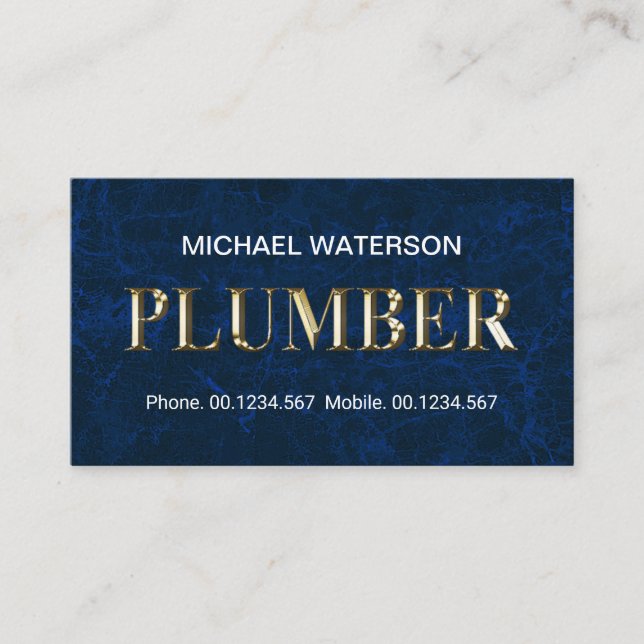 Shiny Metallic Plumber Signage Blue Water Grunge Business Card (Front)