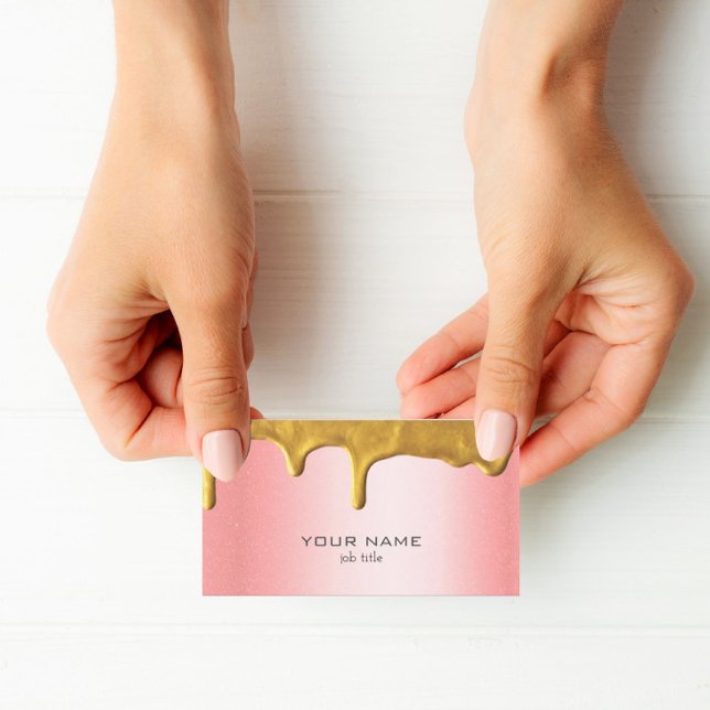Shiny Metallic Rose Pink Gold Drips Fancy Business Card (Creator Uploaded)