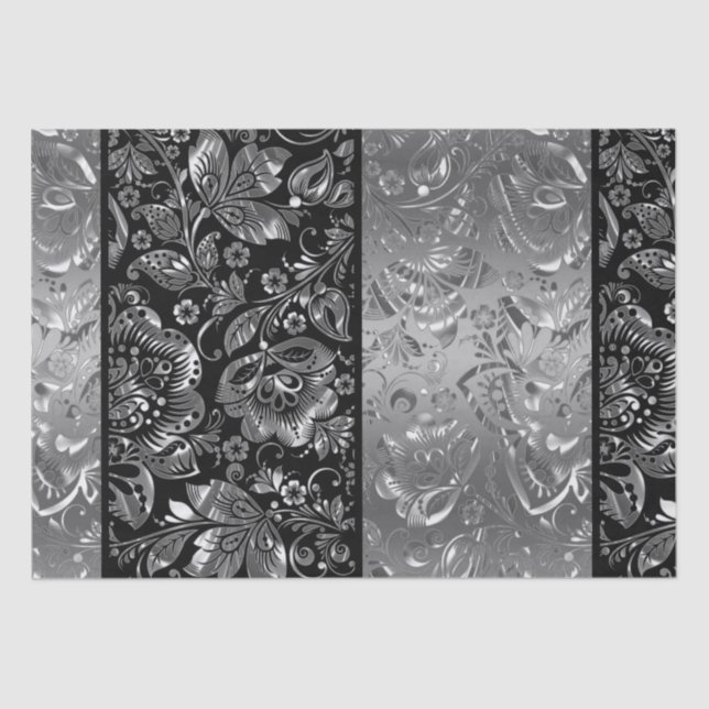 Shiny Metallic Silver Damasks Pattern Tissue Paper (Front)
