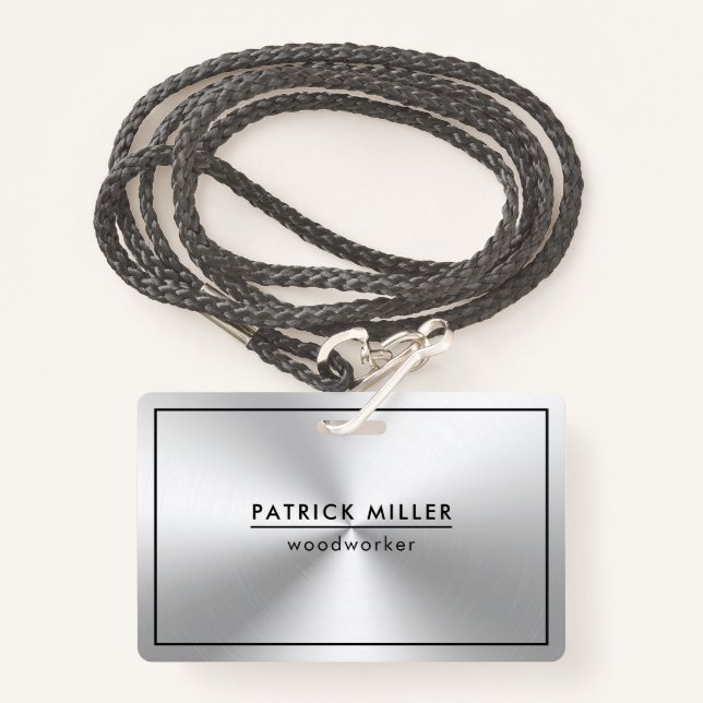 Shiny Metallic Silver Texture Black Accents ID Badge (Front with Lanyard)