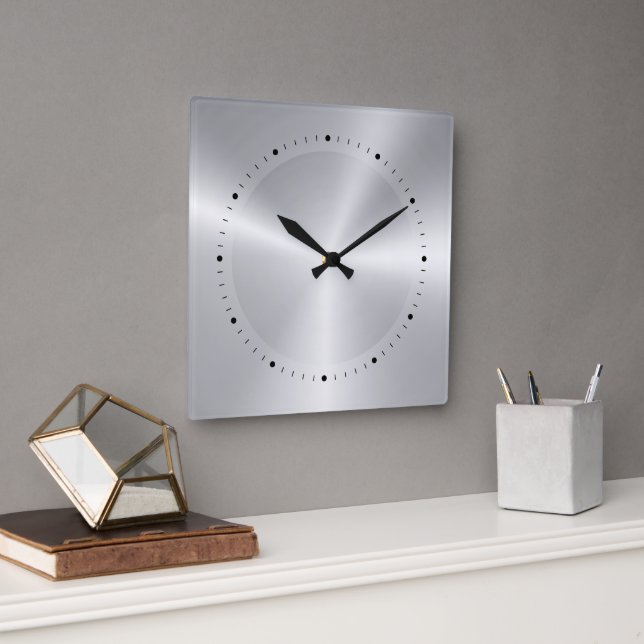 Shiny Metallic Silver Texture-Stainless Steel Look Square Wall Clock (Office)