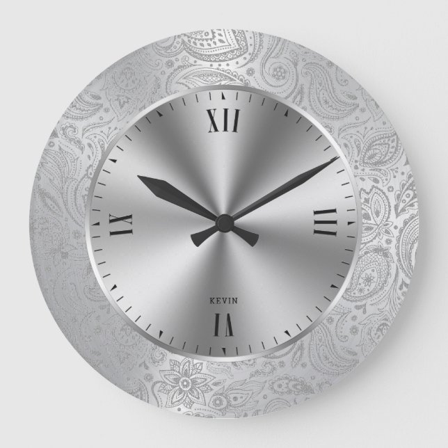 Shiny Metallic  Silver & Vintage Paisley Large Clock (Front)