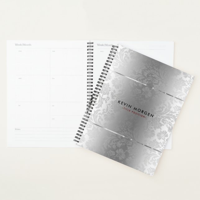 Shiny Metallic Stainless-Steel & Grey Damasks Planner (Display)