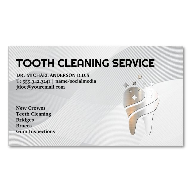 Shiny Metallic Tooth Logo | Dentistry Magnetic Business Card (Front)