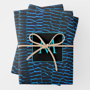 Shiny metallic vibrant blue abstract Monogram Wrapping Paper Sheet