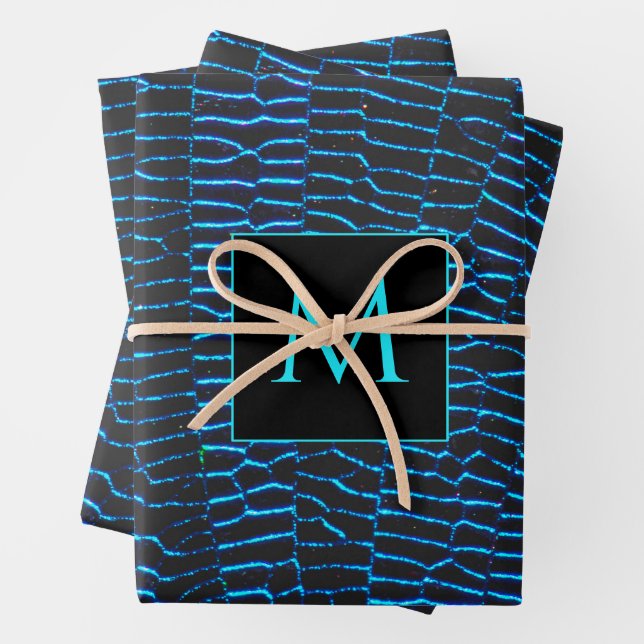 Shiny metallic vibrant blue abstract Monogram Wrapping Paper Sheet (In situ)