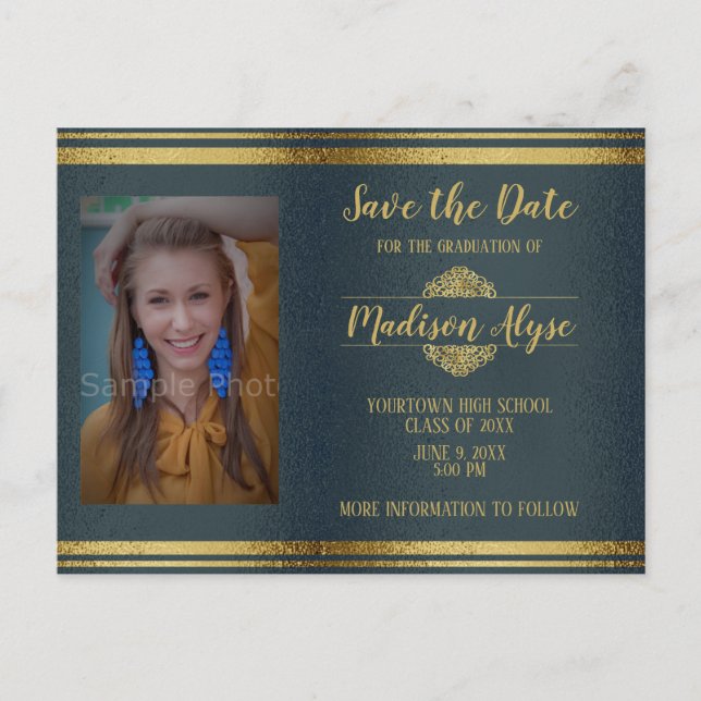 Shiny Navy Blue and Gold Photo Graduation Postcard (Front)