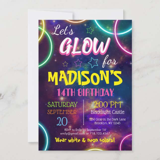 Shiny Neon Glow Birthday Party Custom RSVP Invitation (Front)