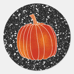 Shiny Orange Autumn Pumpkin Black Glitter Favour Classic Round Sticker
