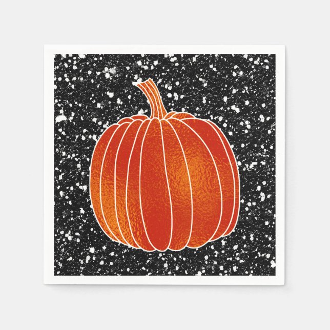 Shiny Orange Autumn Pumpkin Black Glitter Party Napkin (Front)
