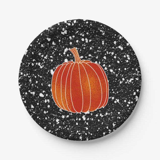 Shiny Orange Autumn Pumpkin Black Glitter Party Paper Plate (Front)