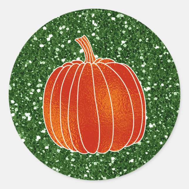Shiny Orange Autumn Pumpkin Green Glitter Favour Classic Round Sticker (Front)