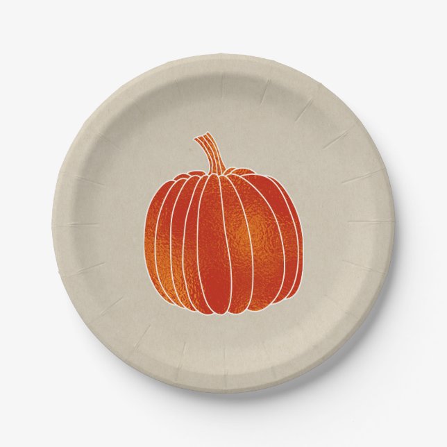 Shiny Orange Autumn Pumpkin Rustic Kraft Party Paper Plate (Front)