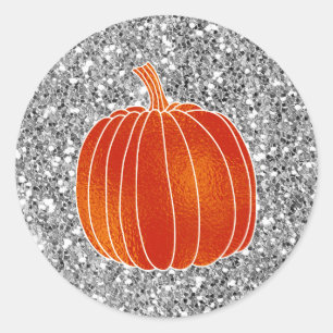 Shiny Orange Autumn Pumpkin Silver Glitter Favour Classic Round Sticker