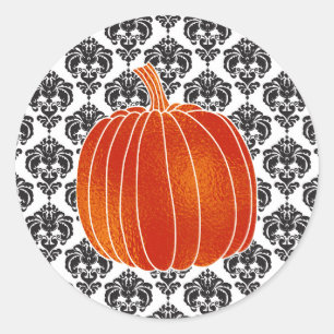 Shiny Orange Autumn Pumpkin White Black Damask Classic Round Sticker