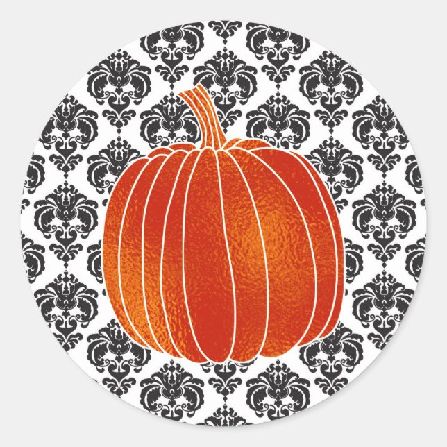 Shiny Orange Autumn Pumpkin White Black Damask Classic Round Sticker (Front)
