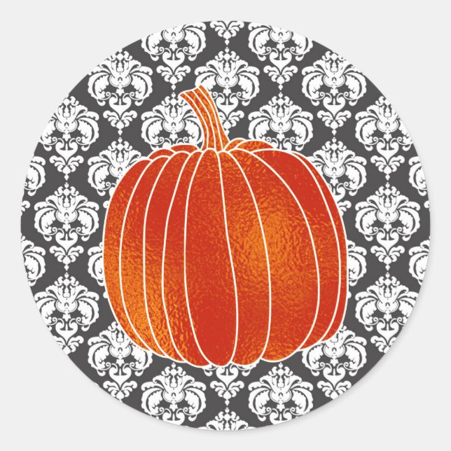 Shiny Orange Autumn Pumpkin White Grey Damask Classic Round Sticker (Front)