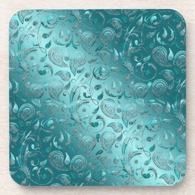 Shiny Paisley Turquoise Coaster (Front)
