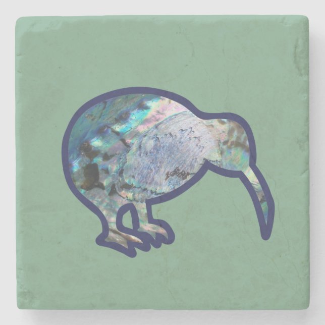 Shiny Pāua Kiwi Bird on Green  Stone Coaster (Front)