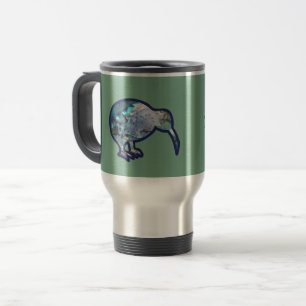 Shiny Pāua Kiwi Bird on Pale Green, with Name Travel Mug