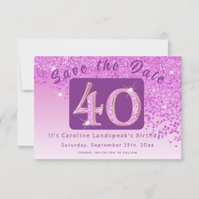 Shiny Pink Glitter for 40th Birthday  Save The Date (Front)