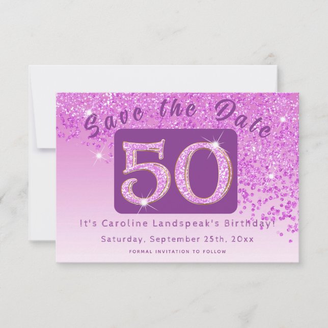 Shiny Pink Glitter for 50th Birthday  Save The Date (Front)