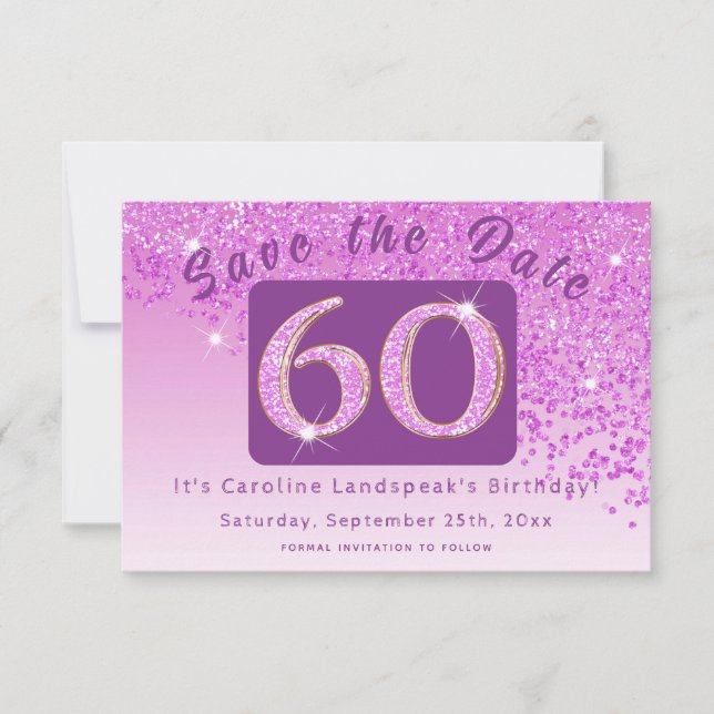 Shiny Pink Glitter for 60th Birthday  Save The Date (Front)