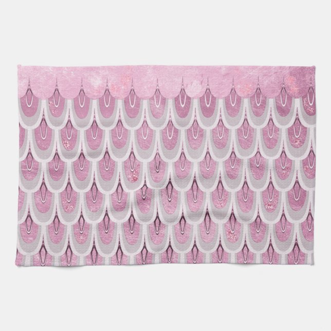 Shiny Pink Glitter Mermaid Fish Scales Tea Towel (Horizontal)
