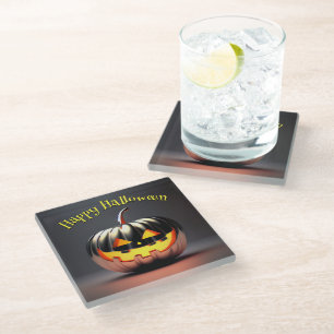 Shiny Pumpkin Halloween Glass Coaster