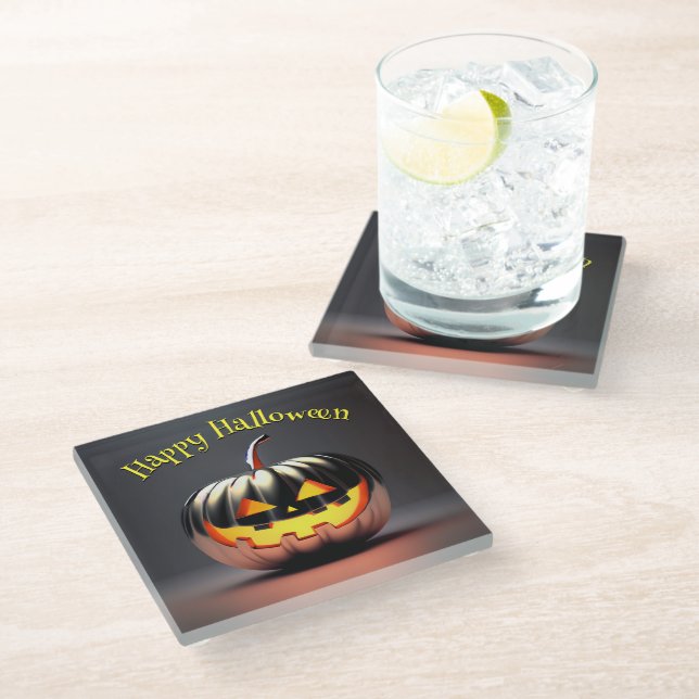 Shiny Pumpkin Halloween Glass Coaster (Angled)